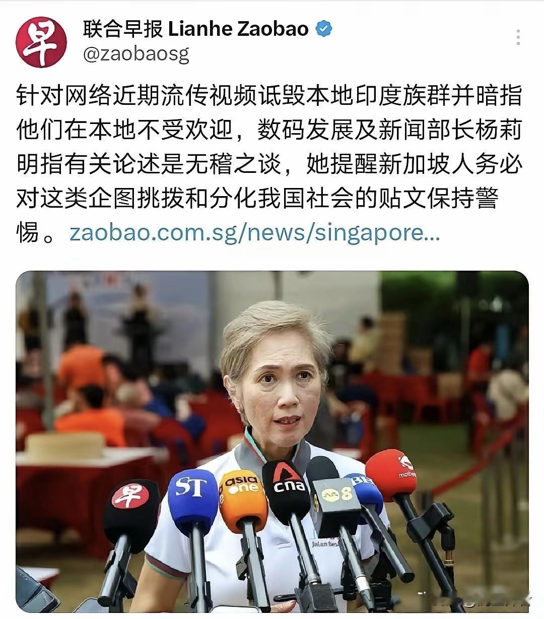 联合早报发文:新加坡开始整治国内诋毁印度裔的视频和贴文，称这些针对印度裔的视频和