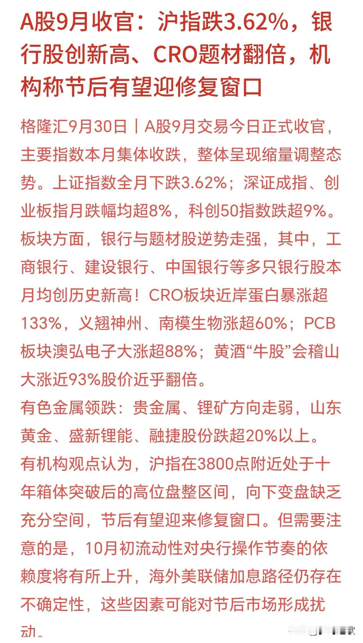 9月A股非常惨，机构认为节后将迎来修复行情9月是典型结构性熊市：大盘（沪指）跌