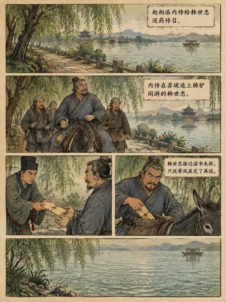 岳飞冤死后的第29天，赵构在垂拱殿求韩世忠出山抗金，后者瞥了眼空白任命，说坐镇也要有人肯听，转身骑驴