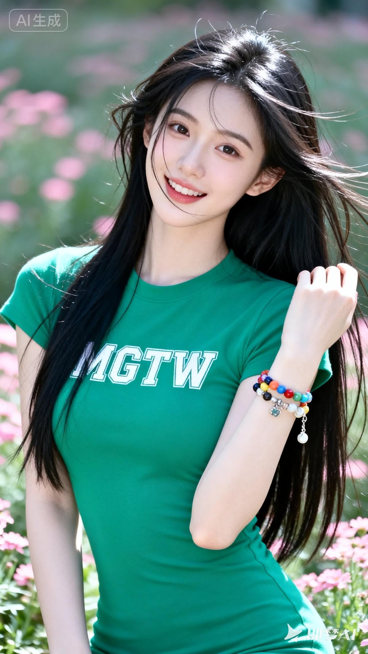 元气少女在花海中绽放，笑容灿烂，活力满满！🌸😊