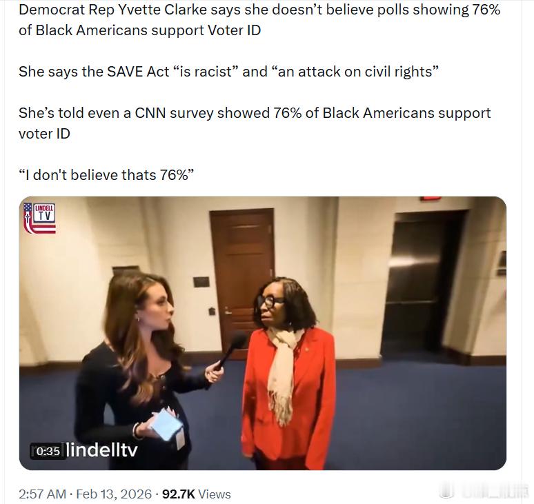 民左党众议员伊薇特·克拉克表示，她不相信民调显示有76%的非裔美国人支持选民身份