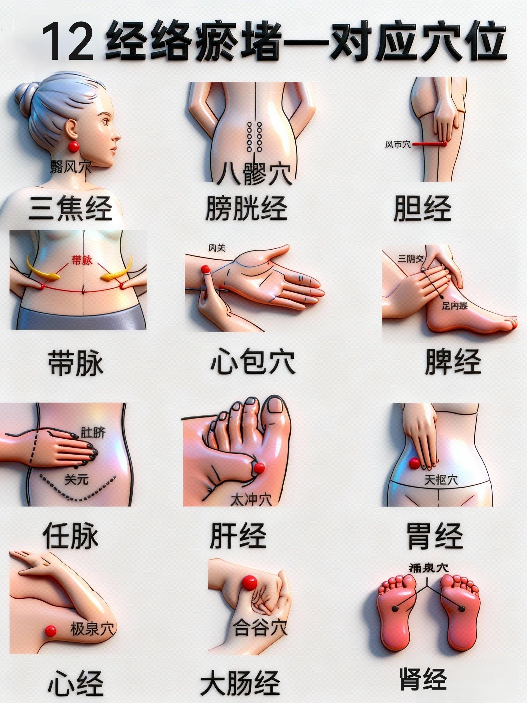 一定要记住，重要点穴位，十二经络瘀堵对应穴位。穴位养生​​​