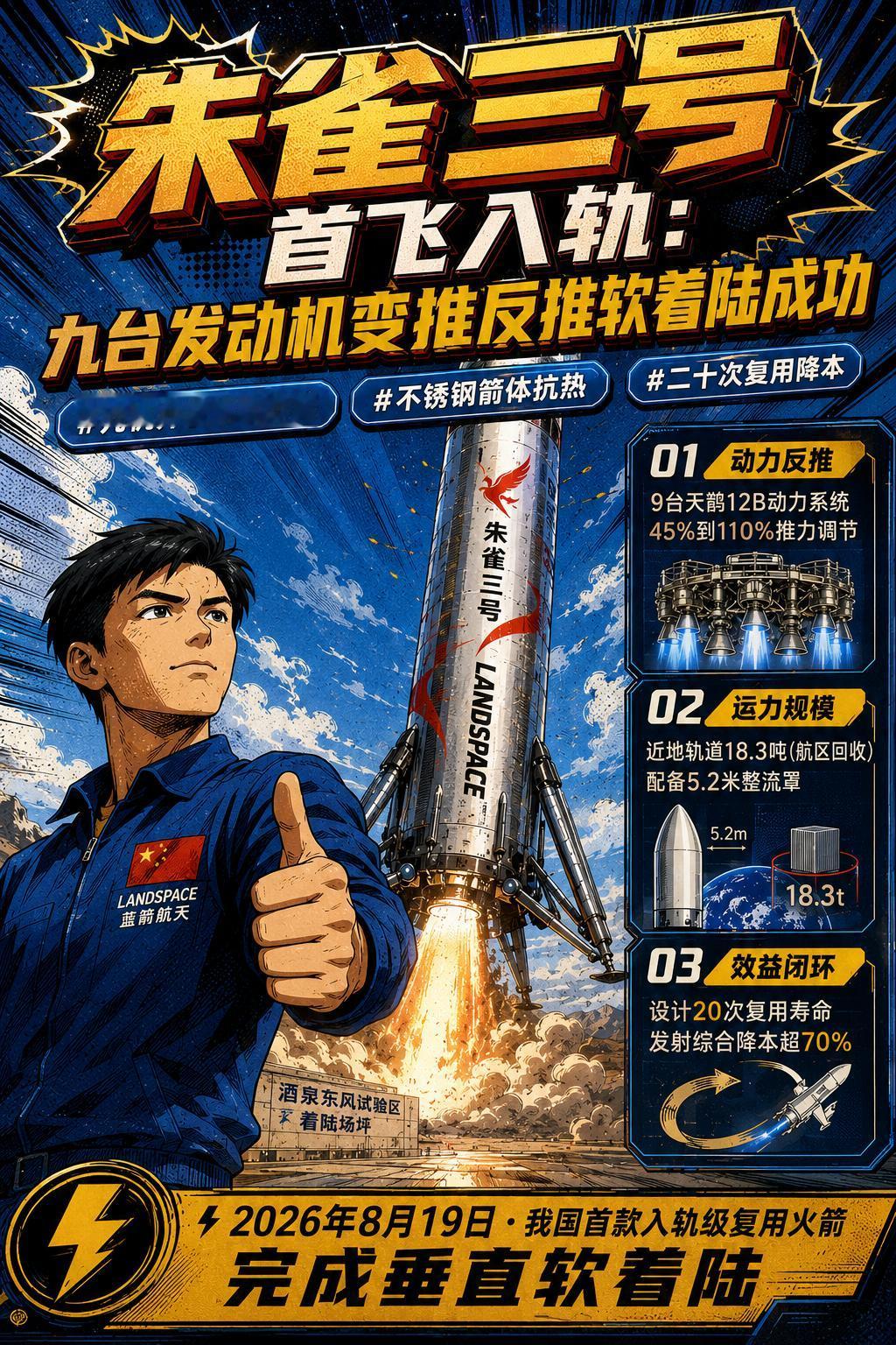 朱雀三号九台发动机变推反推软着陆，我国大型可复用火箭迎来突破！酒泉东风商业航