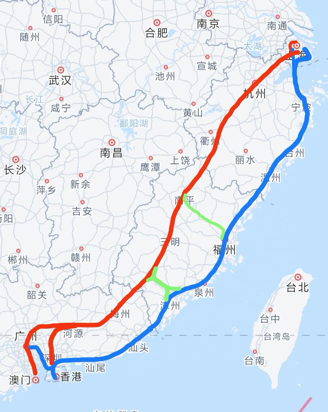 上海和广东没建沪广、沪深线，真的不方便两地交往联系。发现没有，在全国的铁路网中