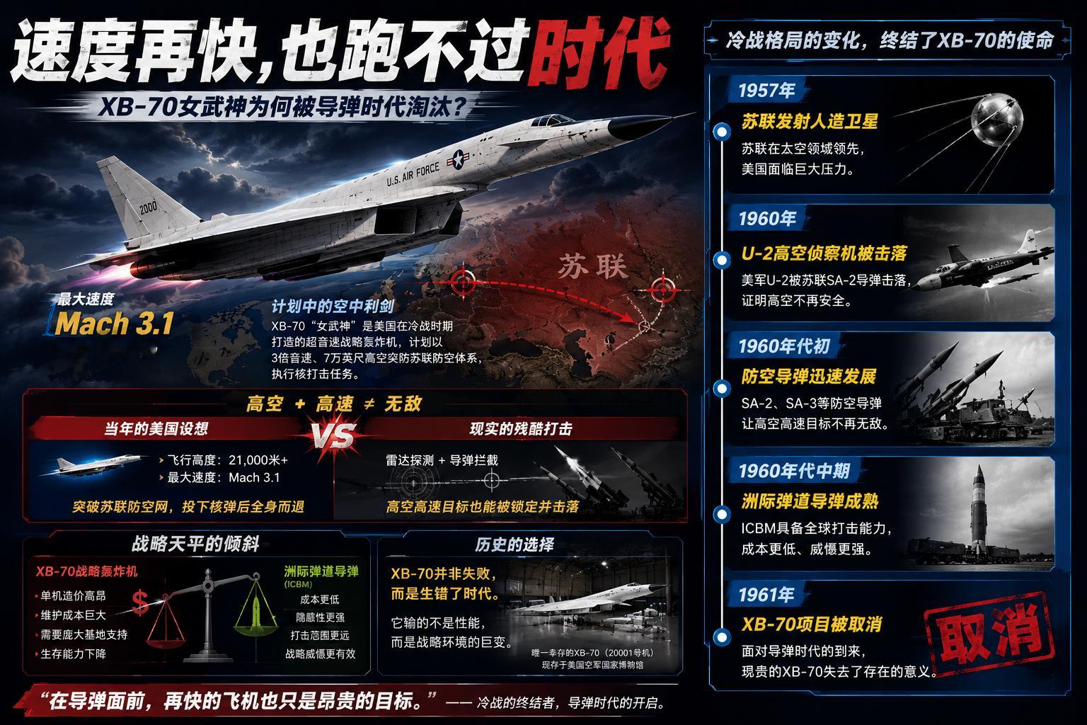 XB-70“女武神”是美国在冷战时期开发的一款实验性超声速战略轰炸机原型机，