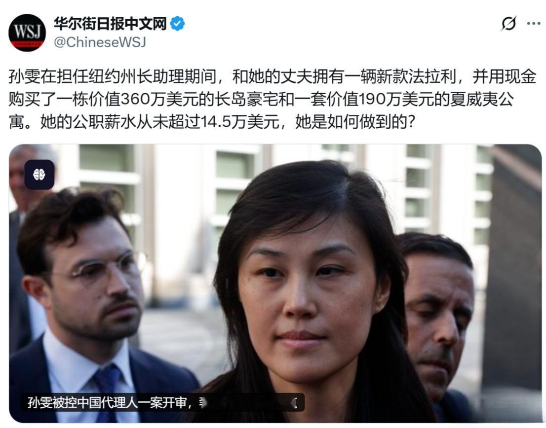 华尔街日报：孙雯在担任纽约州长助理期间，和她的丈夫拥有一辆新款法拉利，并用现金购
