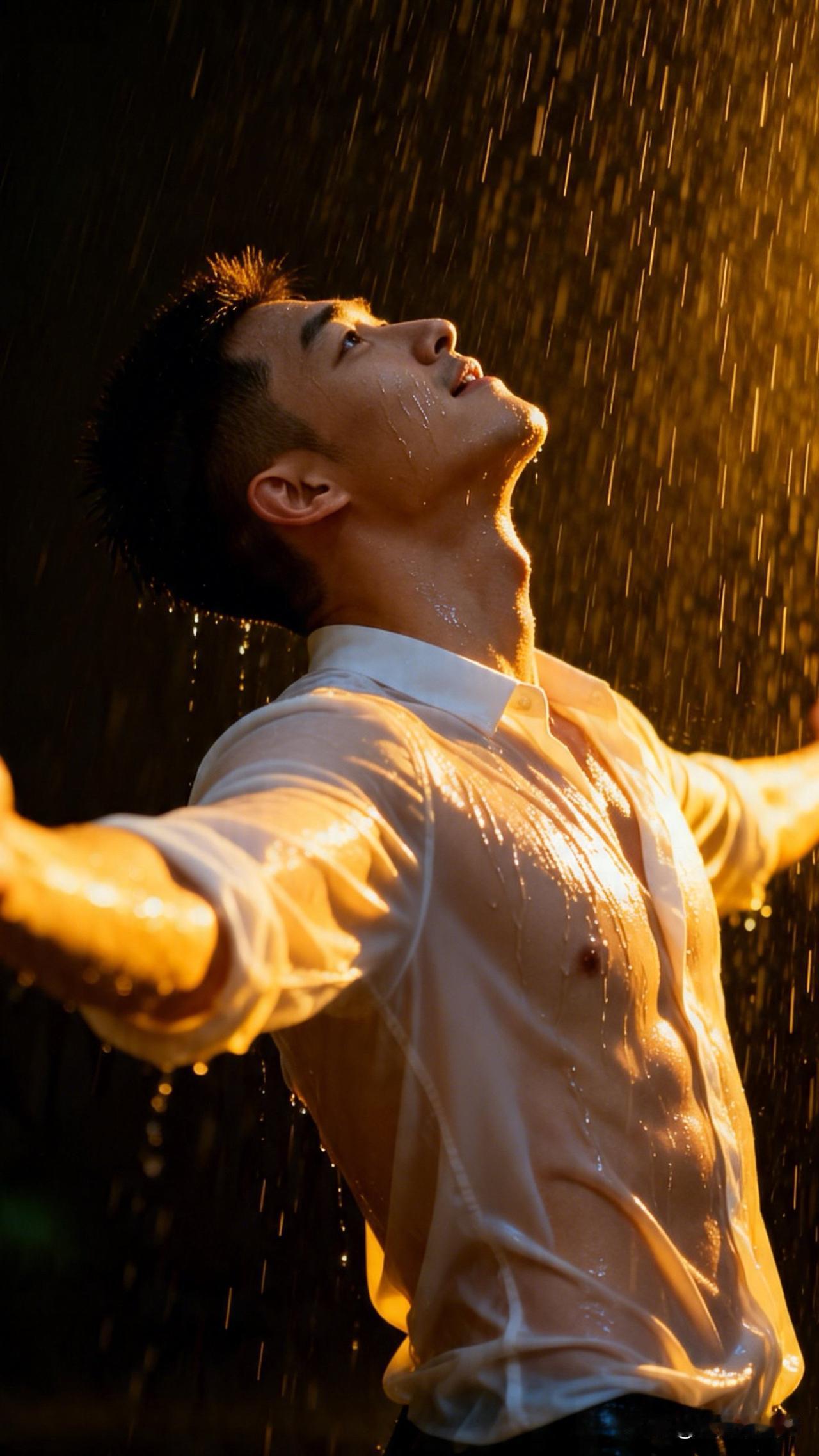 雨水淋湿他的身躯，也浇灌着他干涸的心田帅哥薄肌男孩男人
