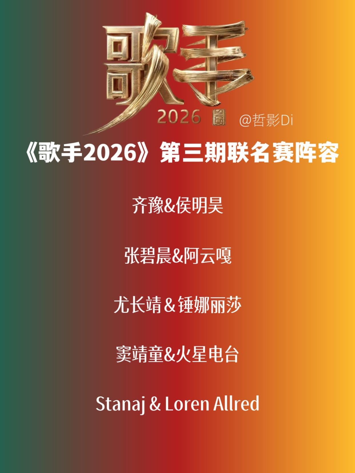 曝歌手帮唱嘉宾《歌手2026》第三期联名赛阵容目前已确定：齐豫&侯明昊张碧晨&阿