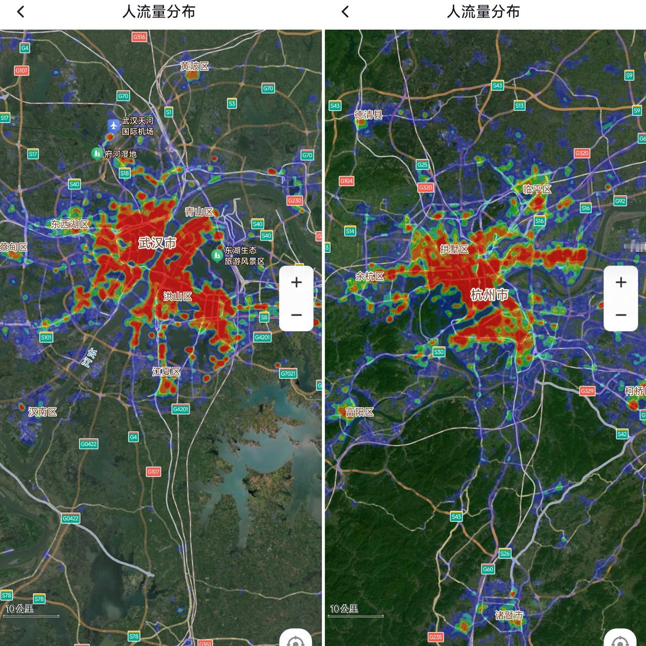 记得10年前武汉市区面积比杭州大很多,可是在2025年大家会发现杭州市区面积跟武