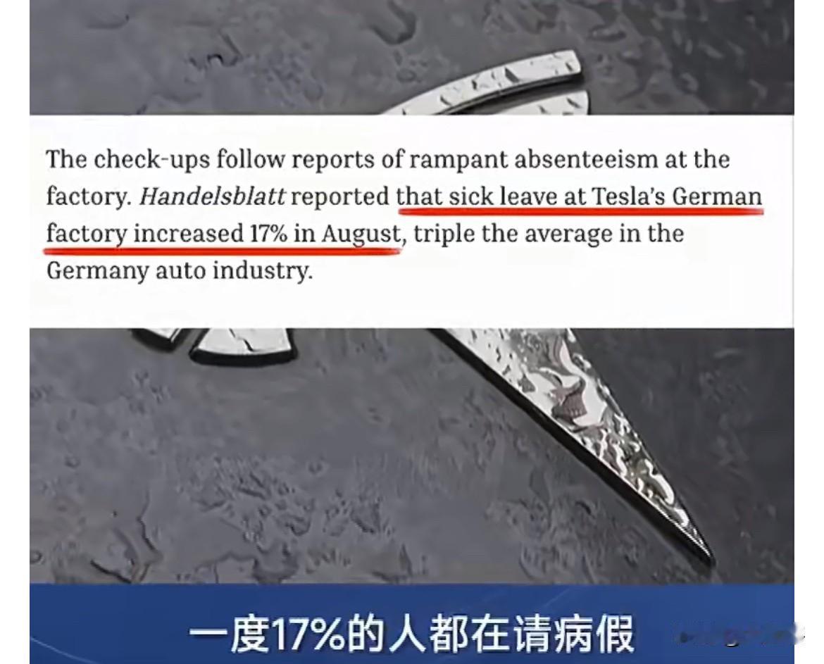 【默茨政府誓要让德国工业重振辉煌】据《凤凰卫视》消息，特斯拉德国工厂请假率曾一