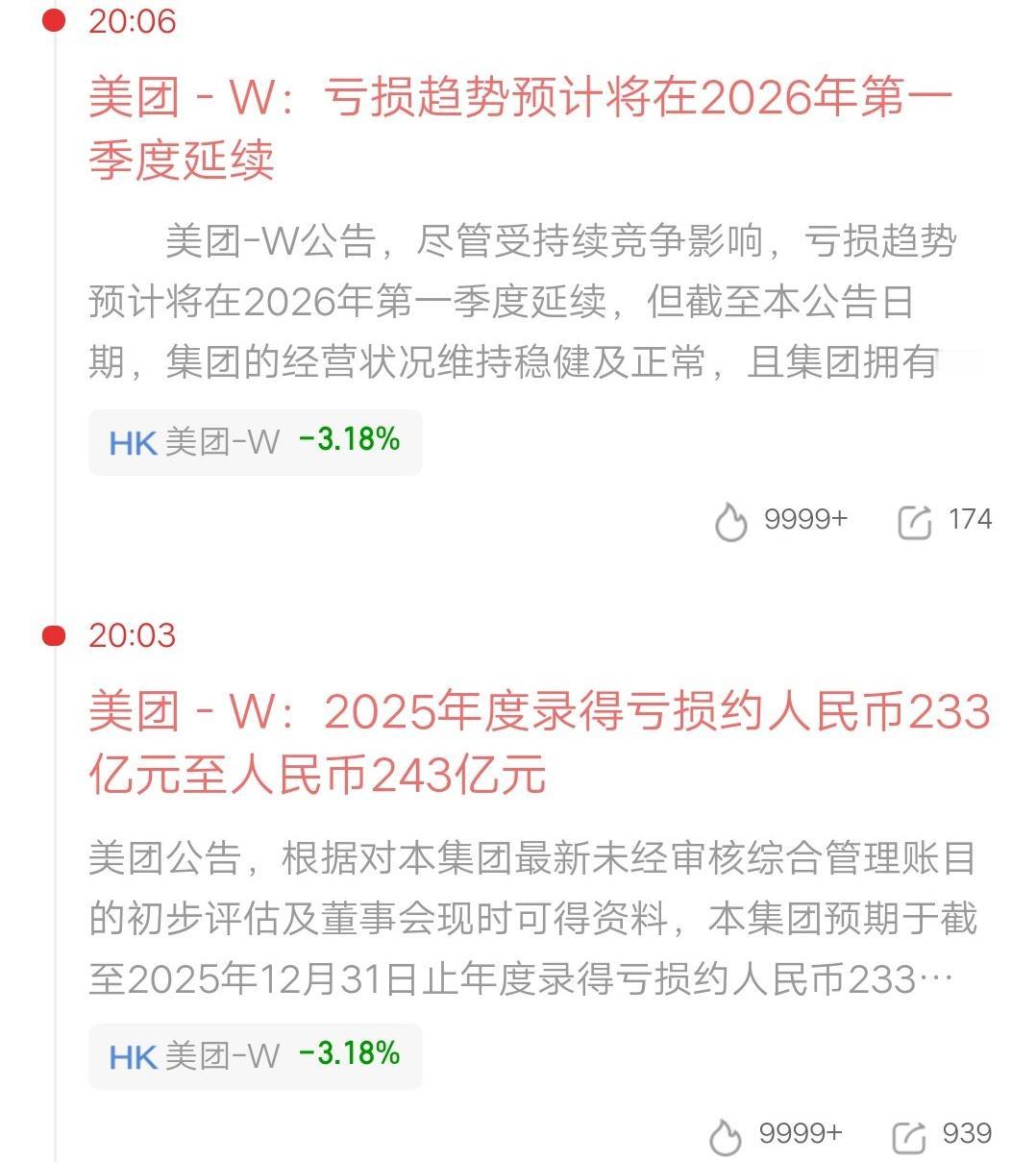 暴亏！美团2025年亏损233亿到243亿，预计2026年第一季度还会亏损。导