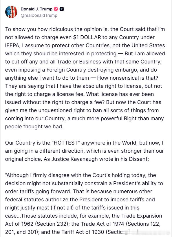 【黄金时代】川普对最高法玩弄文字游戏，违背常识，否认总统紧急关税权嗤之以鼻，决定