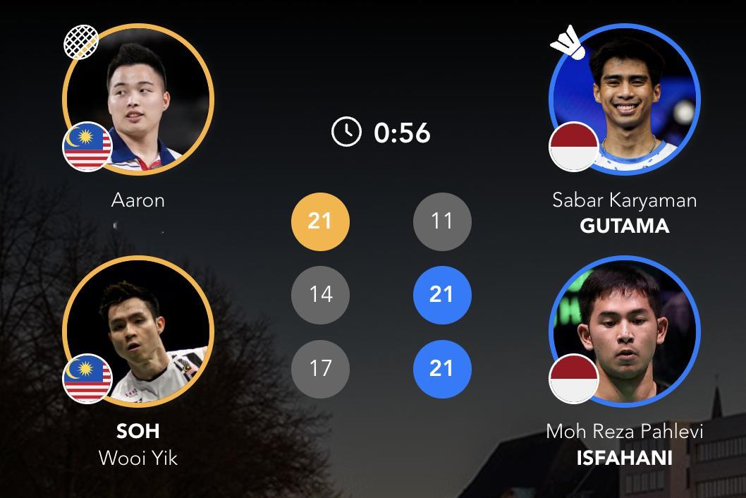 咖塔曼/伊斯法哈尼🇮🇩11-21、21-14、21-17🇲🇾谢定峰/