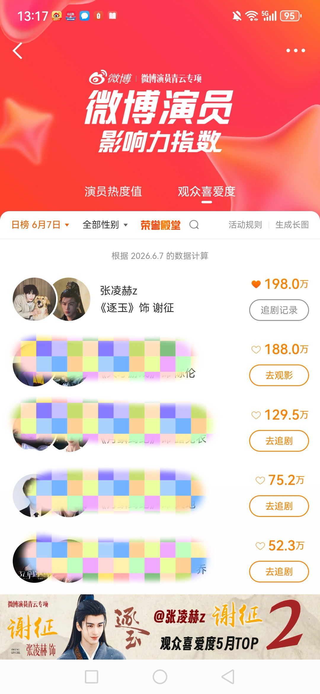 bao们，重要提醒：今天已更新，张凌赫现在是TOP1！