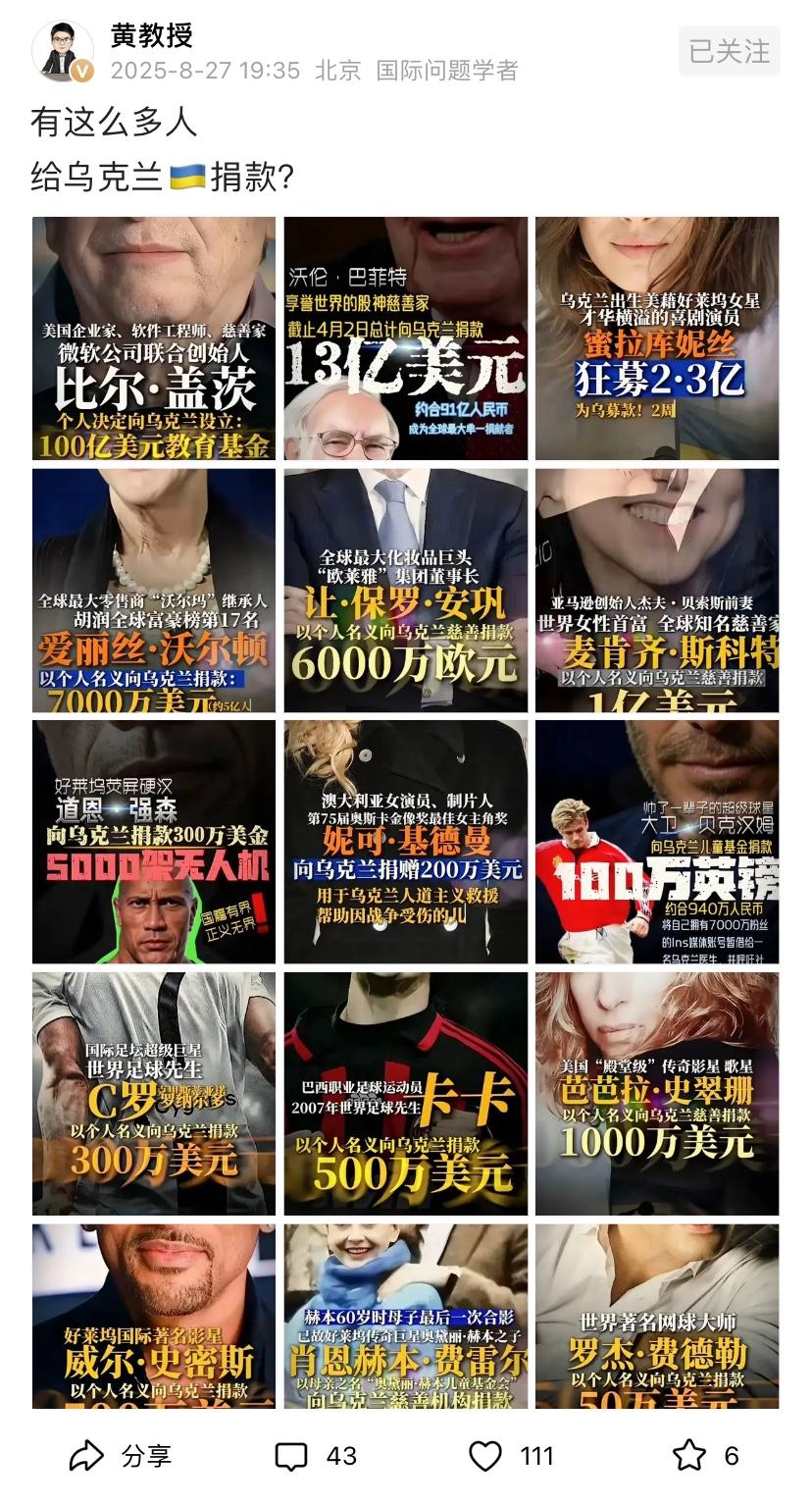 有点吃惊！这么多大咖给乌克兰捐款吗？那些捐几百万美元的人，在正常人眼里有点不可思