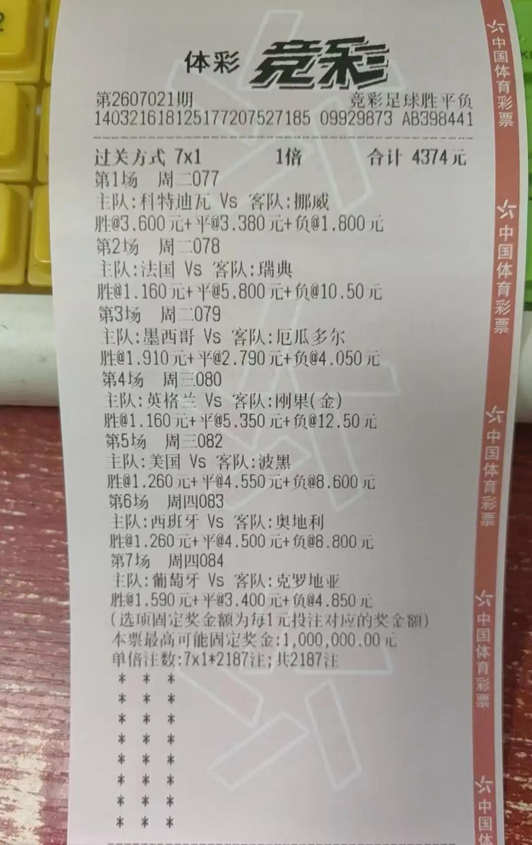 终于看到一张世界杯期间百分100会中奖的一张票了！这个人选择的票非常的有意思