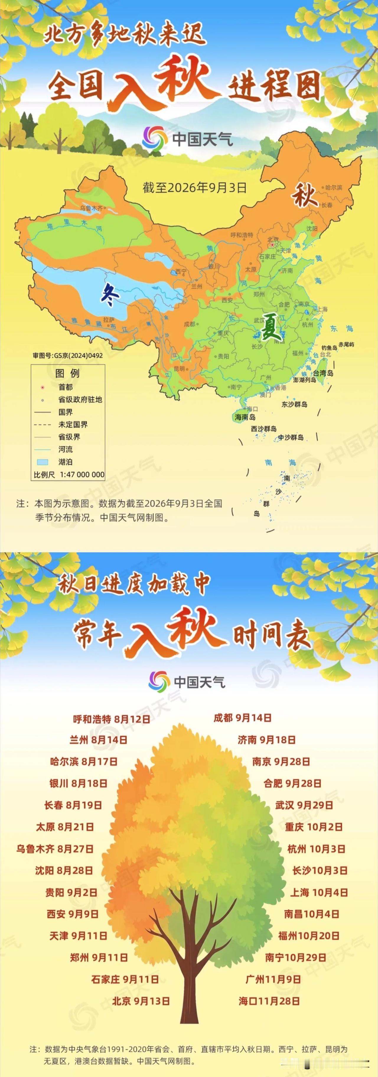 全国入秋进度图来了！北方多地秋来迟，你的城市入秋了吗？！🍂中国天气发布最