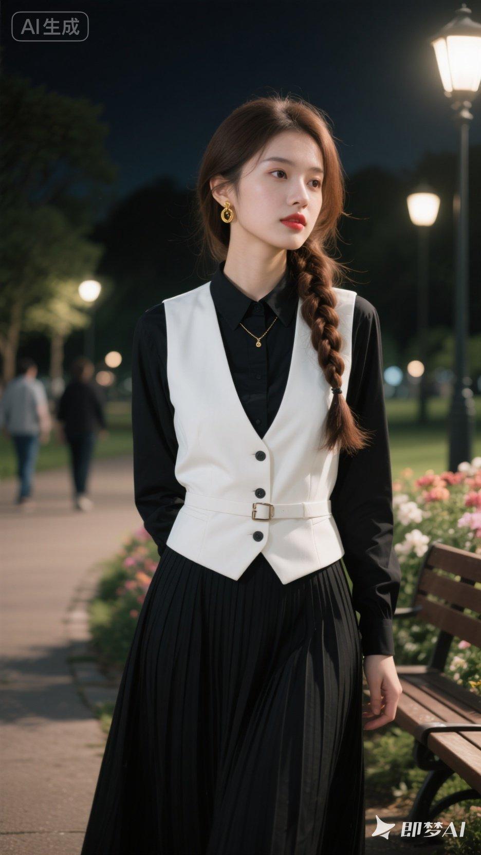 夜晚公园的优雅穿搭，黑白配色的经典魅力