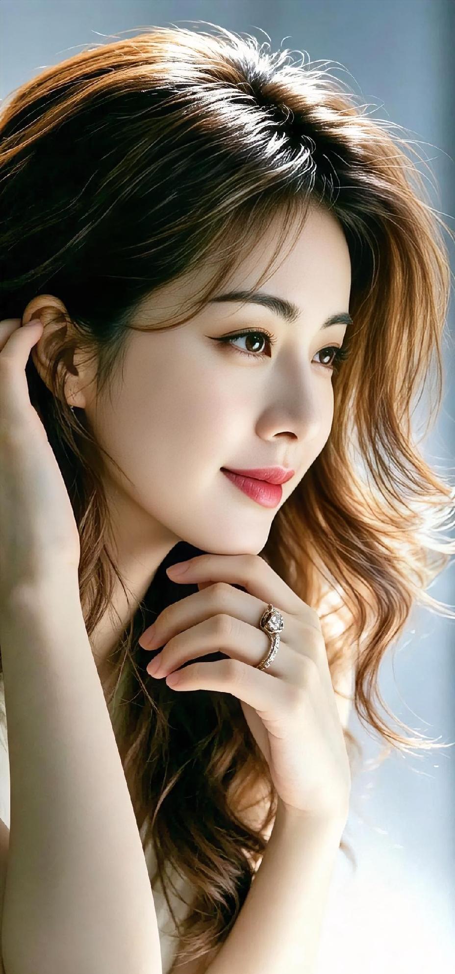 光在发梢打转，卷起暖棕的浪。指尖托着下巴，戒指轻轻亮。眼波不张扬