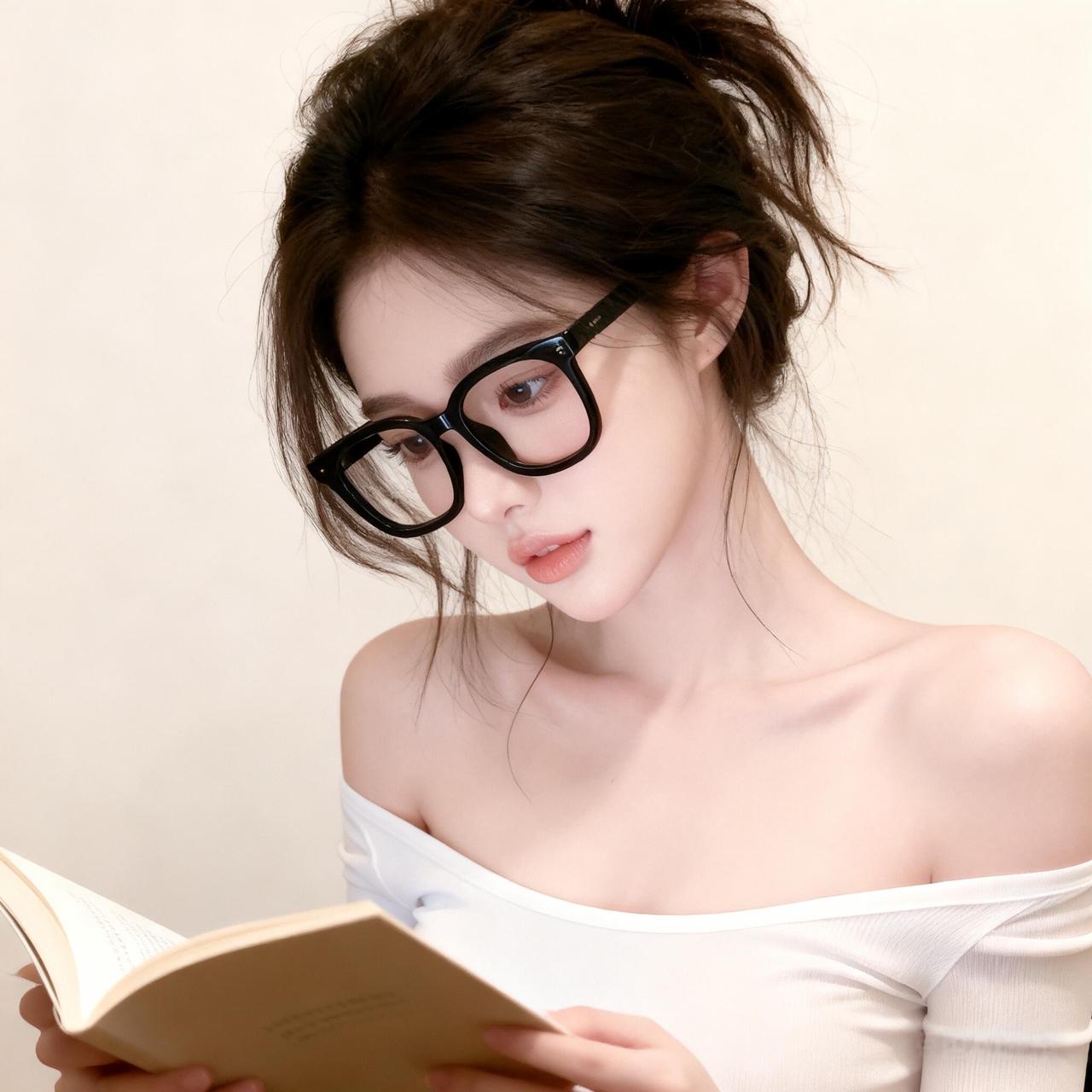 黑框眼镜下的思绪飞扬。眼镜系美女沉思静谧氛围斯文眼镜妹甜妹清纯可爱甜甜