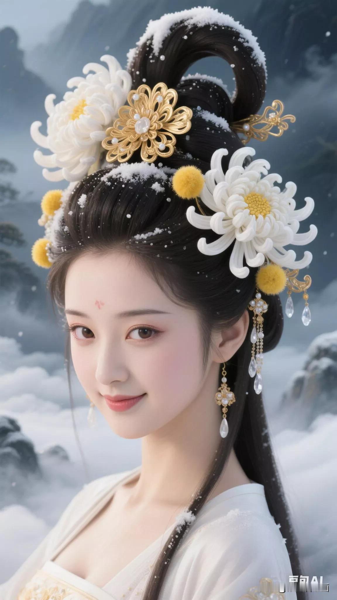 雪中美人笑，花间玉人妆。张立启原创书画AI作品古仕女发髻集锦第312期首发。AI
