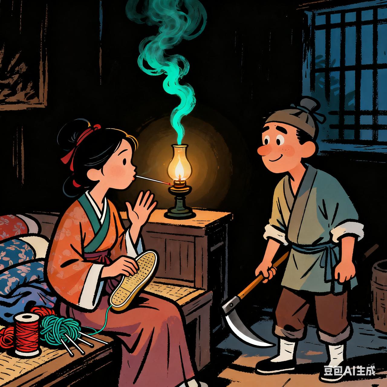 古代夫妻搞笑段子夜里妻子对着油灯纳鞋底，丈夫在一旁磨镰刀，磨着磨着叹了口气。