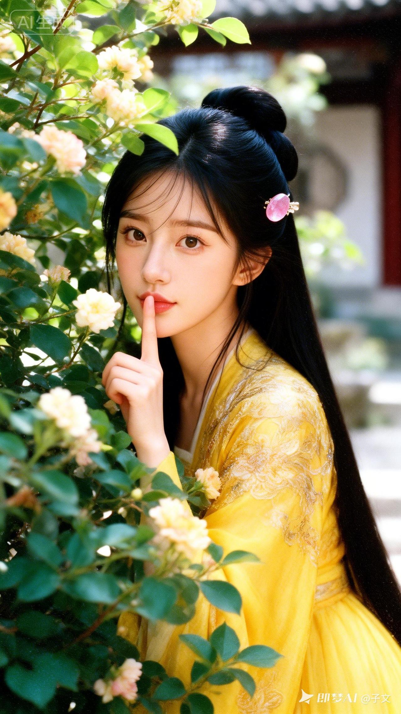 这姑娘在花丛中比了个“嘘”的手势。