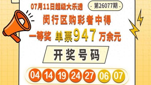 一张直选单式票得奖947万余元, 闵行购彩者喜中大乐透第26077期一等奖