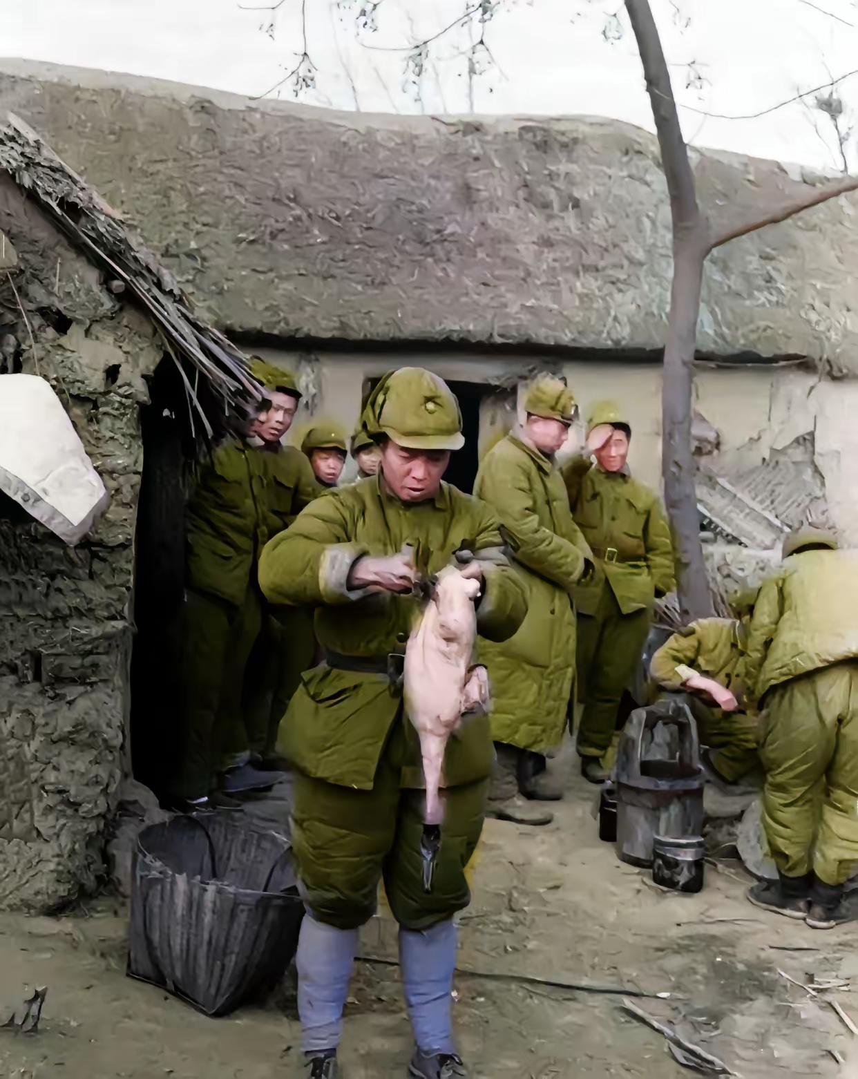 1948年12月，淮海战役期间的安徽蚌埠乡村，一名国民党勤务兵正在一座草屋前给鸭