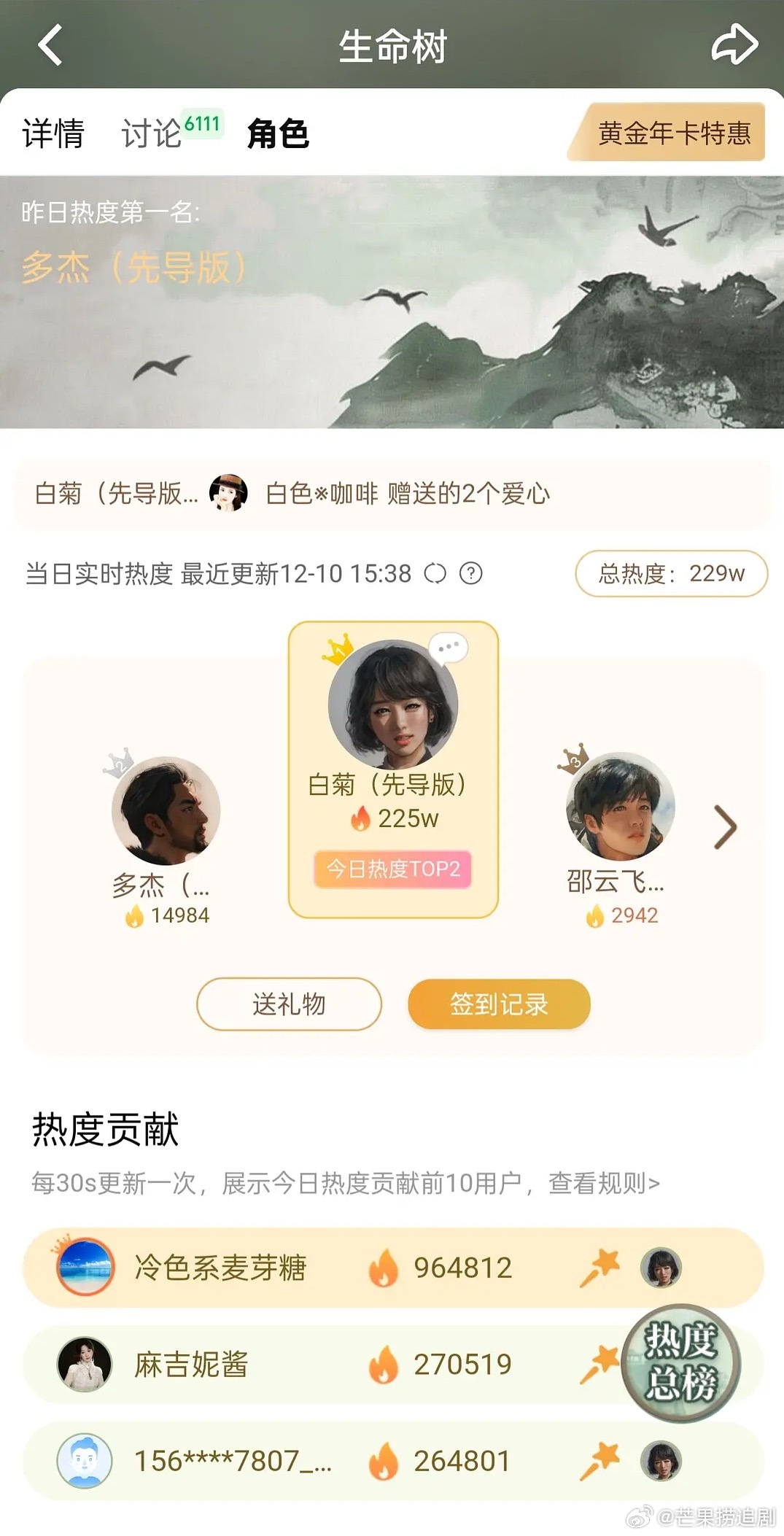 杨紫《生命树》真的要来了吗？！站内角色热度已显示，“白菊”已经升至角色榜第二，热