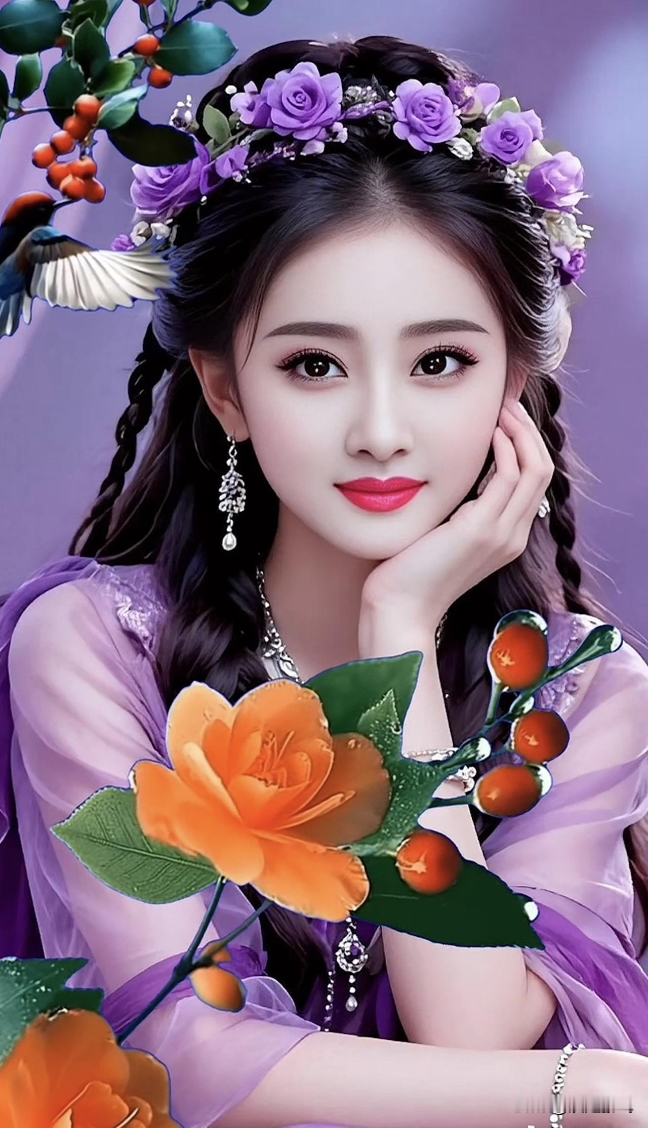 梦幻古风少女，花环点缀，温柔可人随手拍漂亮野花落日余晖映晚霞一抹夕阳美如画吧