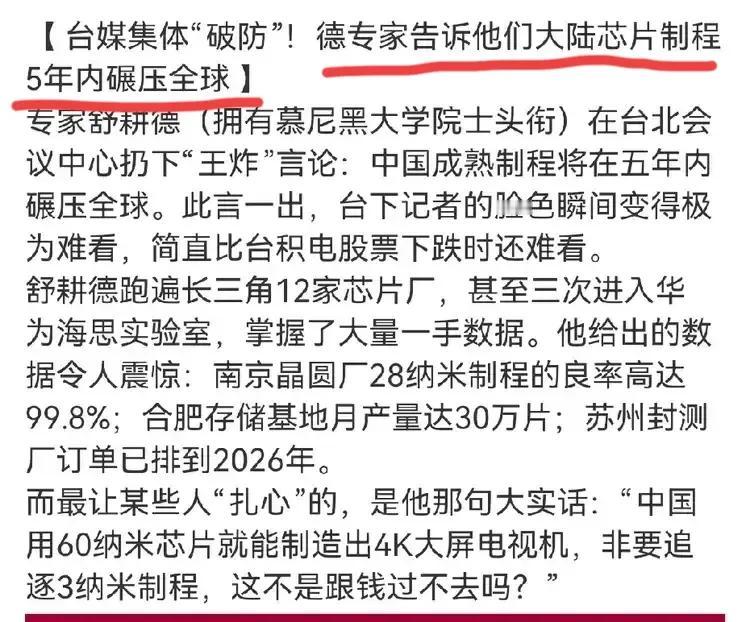 德国给出惊人言论，中国芯片取得全面突破5年内将碾压全世界。德国专家在对中国大陆的