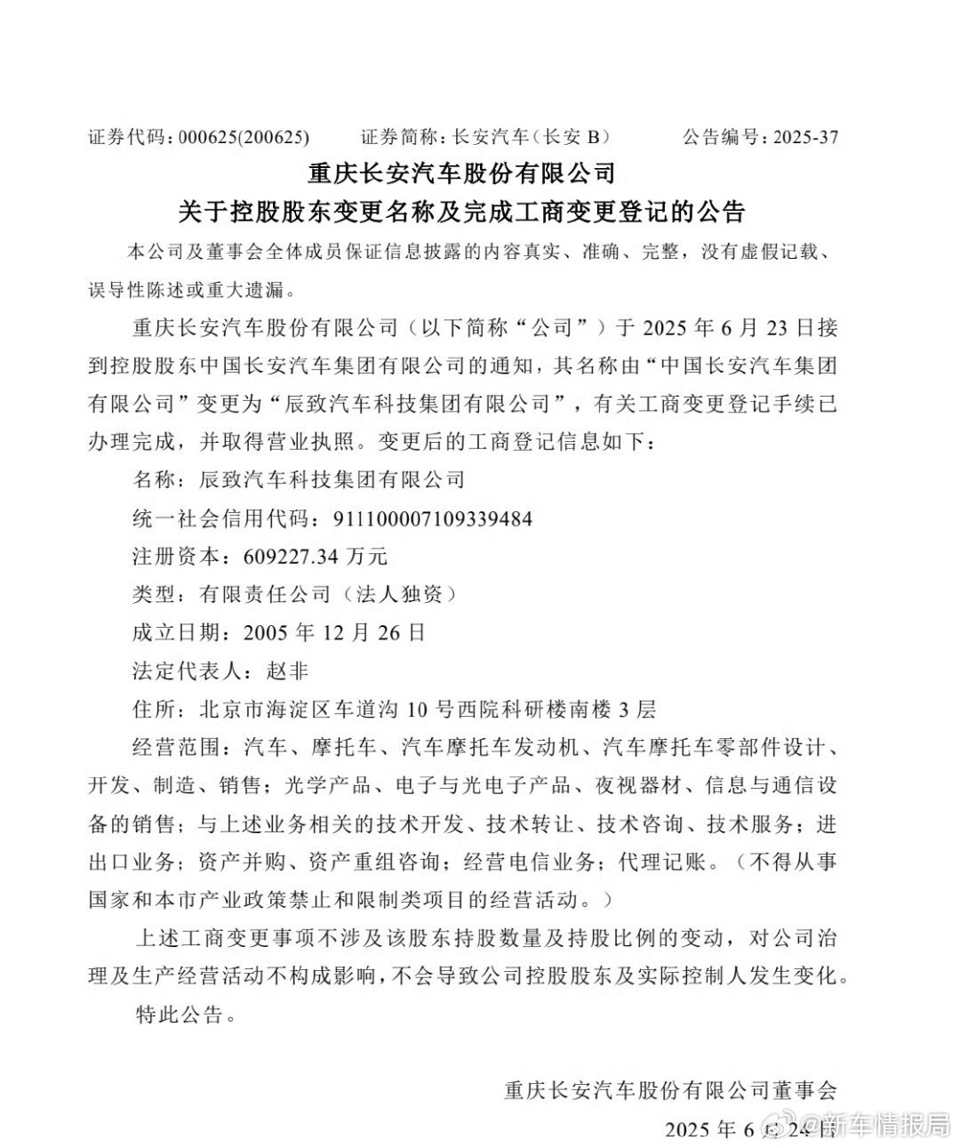 长安汽车控股股东名称已变更6月23日，长安汽车(000625.SZ)公告称，公司