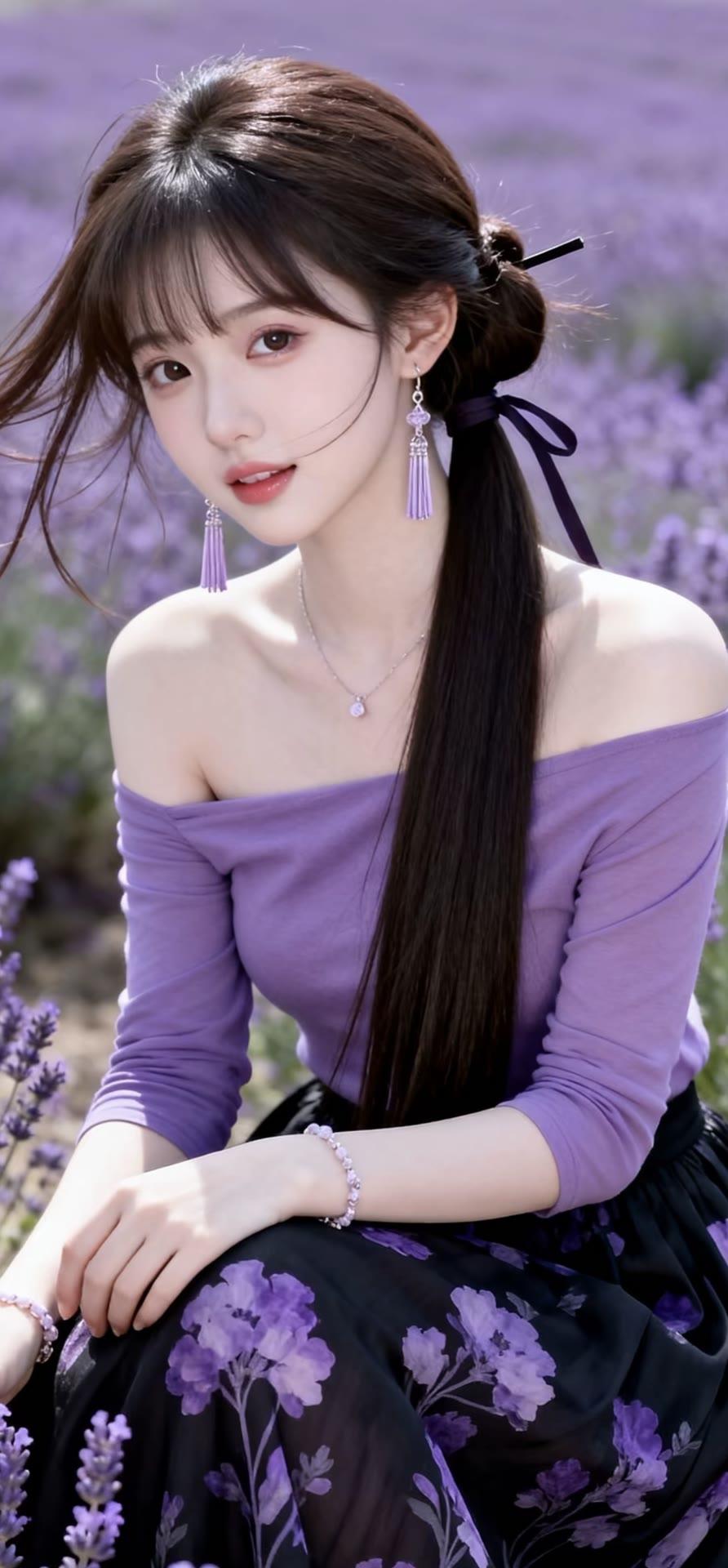 紫色花海中的少女，梦幻又唯美