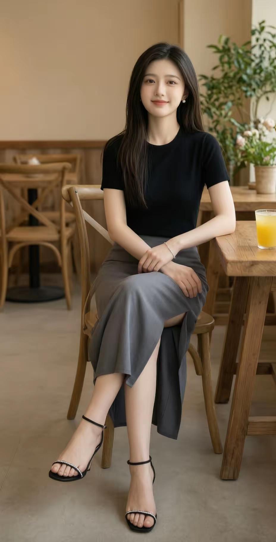女孩坐在咖啡馆里，喝着饮料。