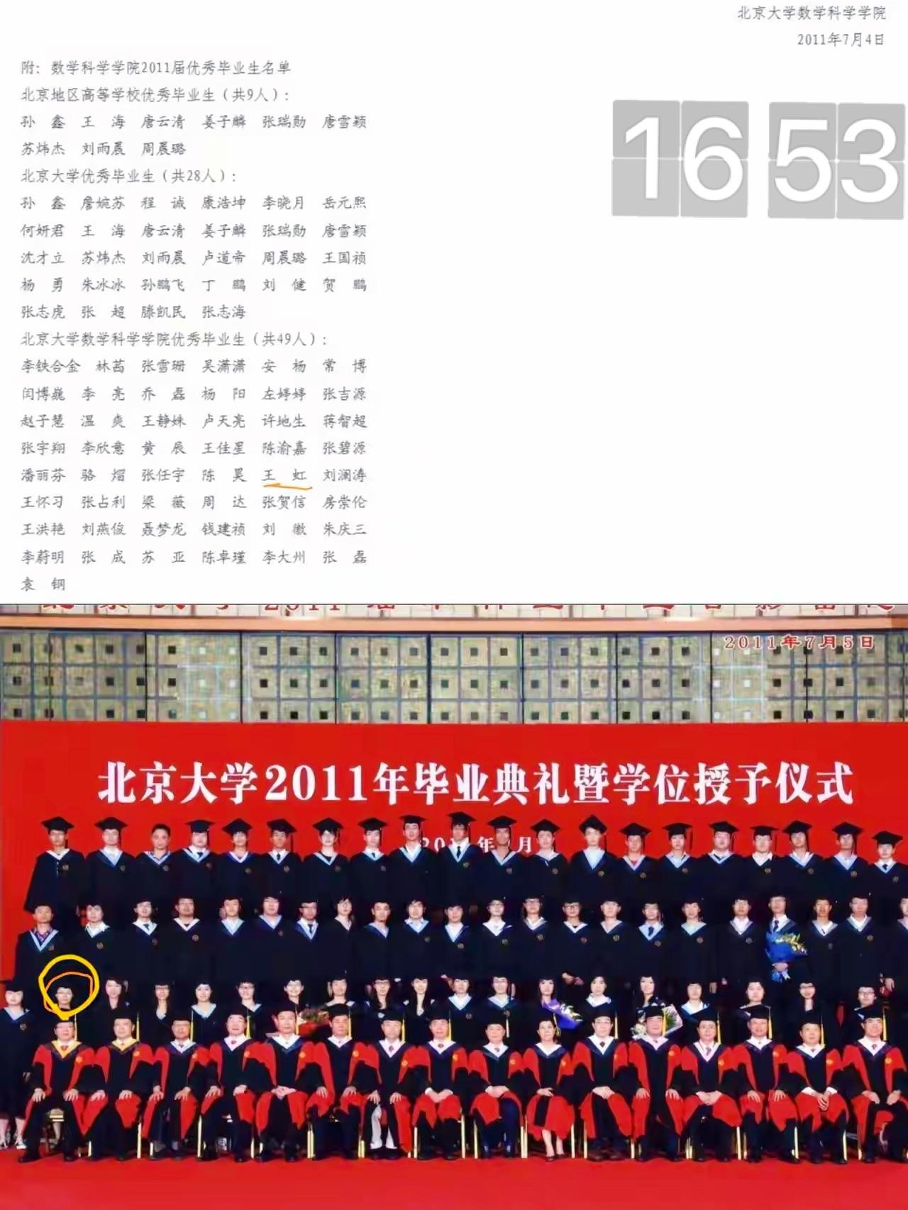 王虹本科毕业照来了！王虹2011年和数学院全体师生的合照，让人惊讶的是，王虹