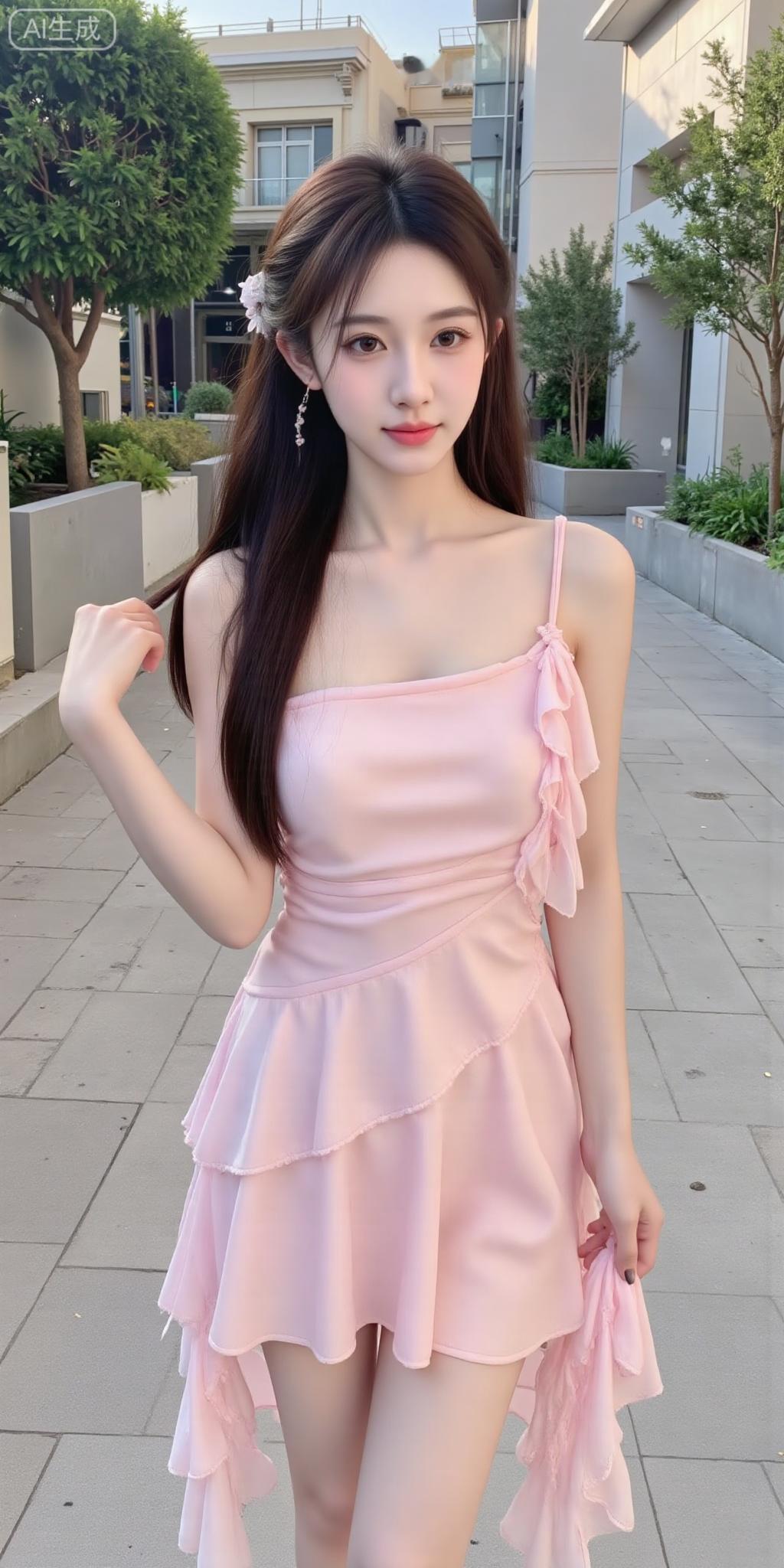 粉裙柔纱衬娇颜，街头甜妹的温柔暴击粉裙仙女温柔粉裙