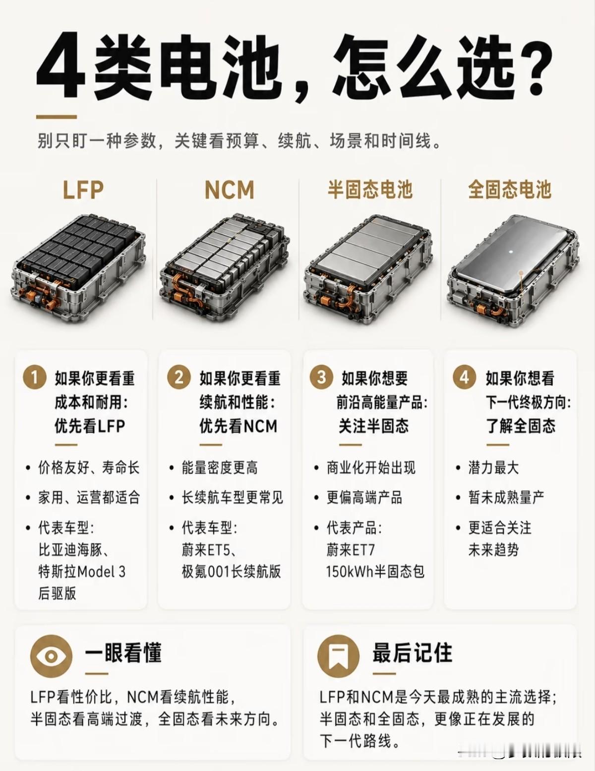 选电动车，电池是核心。目前主流有固态、液态、半固态，还有三元锂、磷酸铁锂这几种。