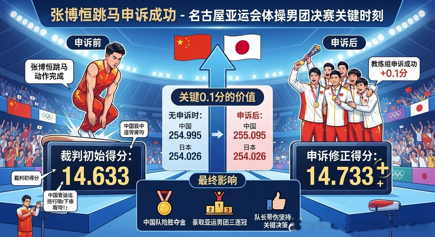 #张博恒跳马申诉成功#在9月23日的名古屋亚运会体操男团决赛中，中国队队长张博恒在跳马项目中申诉成功