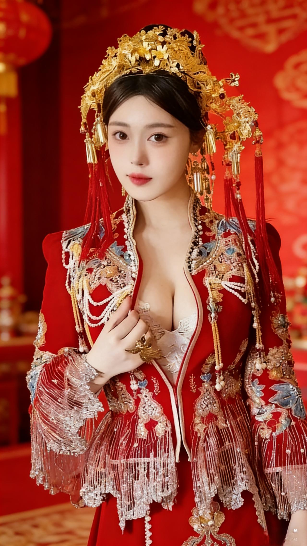 红衣美人，金钗玉佩。