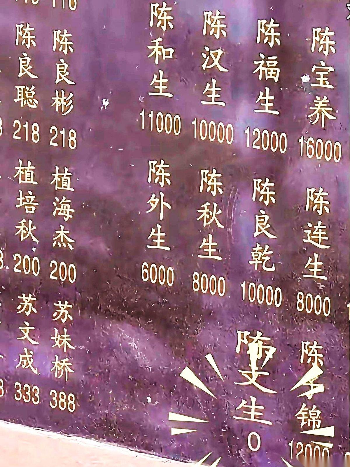 陈文生在村里祠堂翻新的捐款碑上清清楚楚写着0元，名字却被刻在最显眼的地方，比旁人