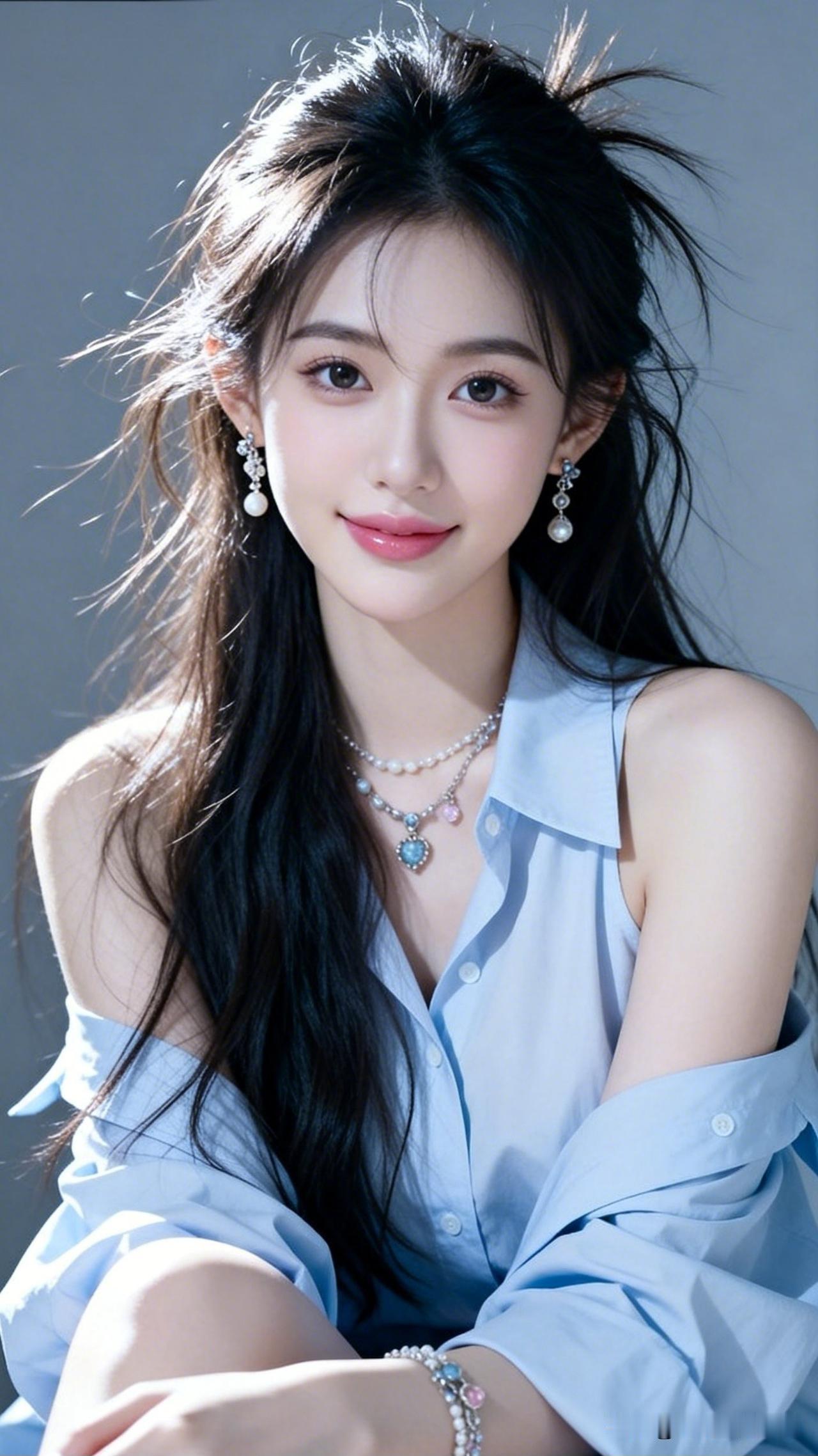 温柔甜美的少女，浅蓝色衬衫搭配珍珠饰品，清新自然，美不胜收！💖✨