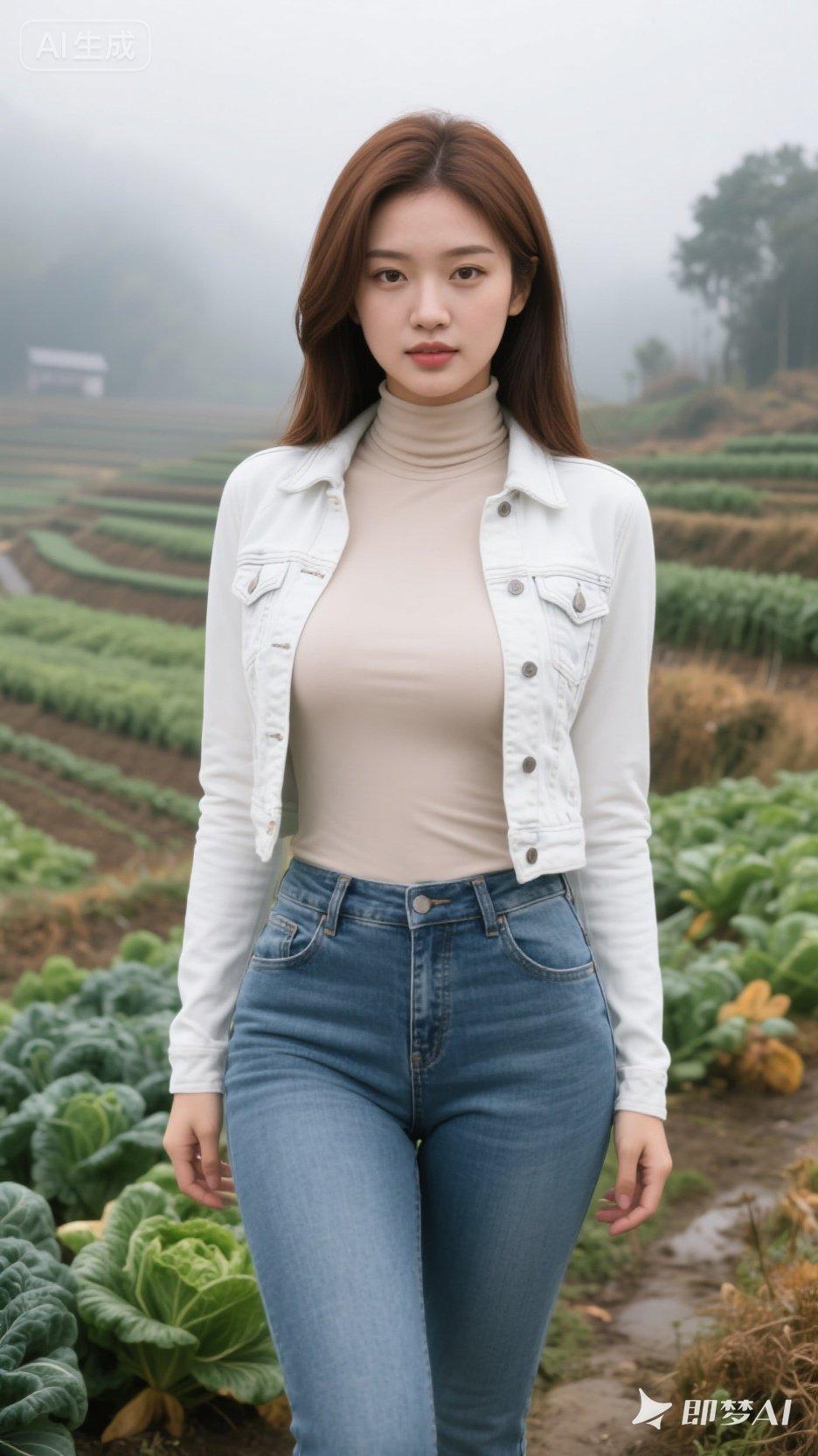 田园少女风，白色牛仔外套搭配高领米色上衣，走在绿意盎然的田野间，清新自然。