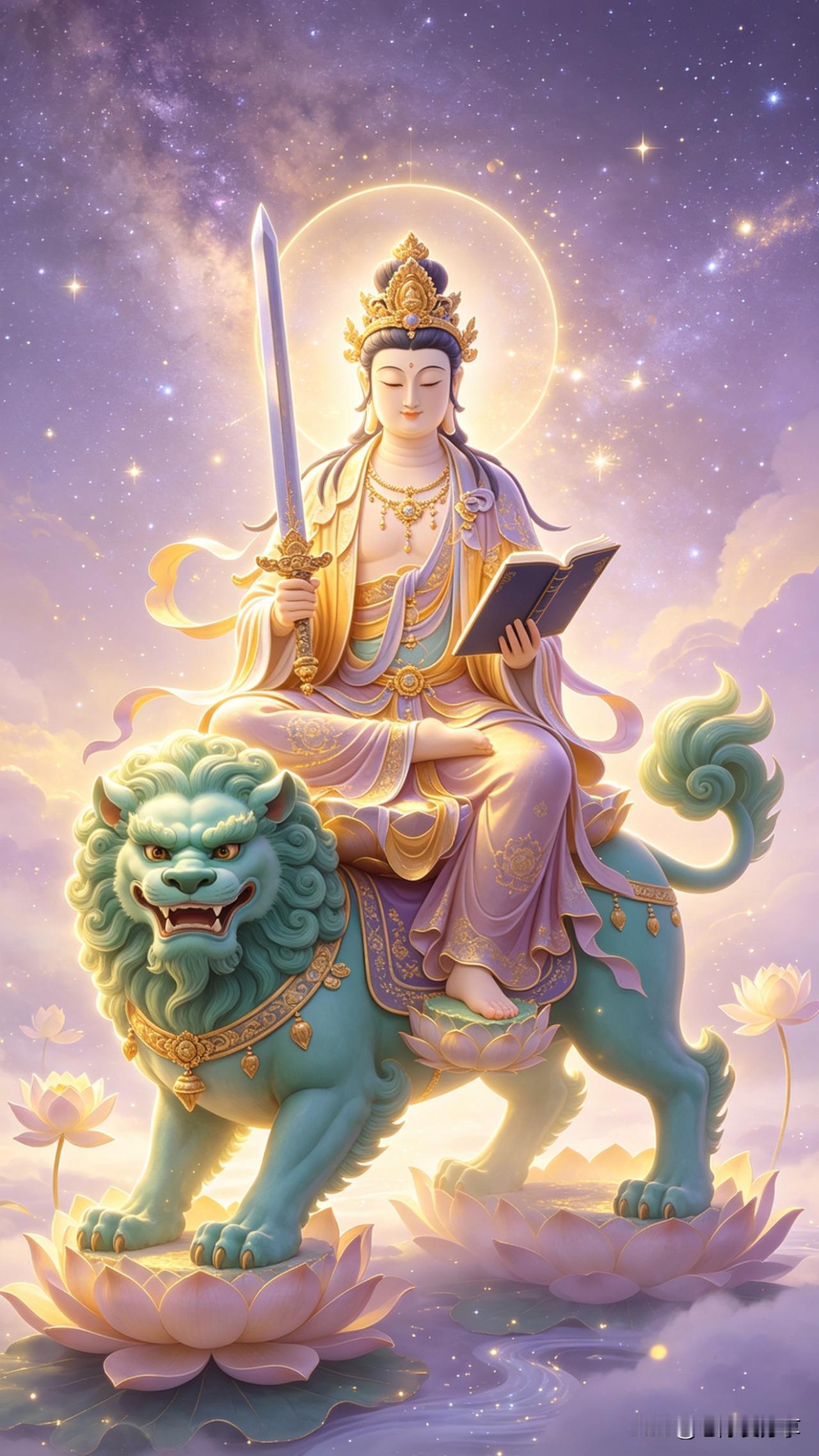 七绝.文殊菩萨青狮怒吼破迷津，慧剑高悬斩妄尘。手执经书开觉路，文殊智慧