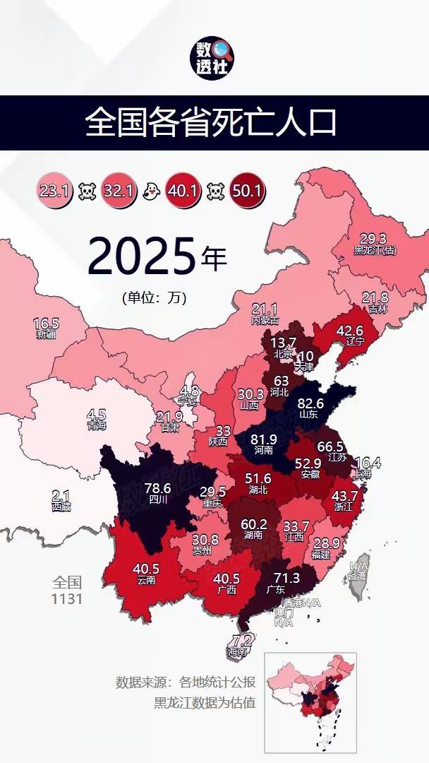 2025各省死亡人口地图：总量看人口基数，老龄化才是深层变量2025年各省