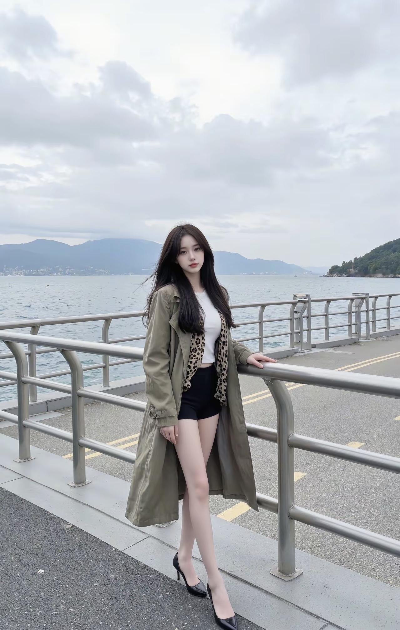 海风裹着云的软，把远处山影揉进浪里。卡其风衣刚好兜住微凉的秋，豹纹丝巾是偷藏的小