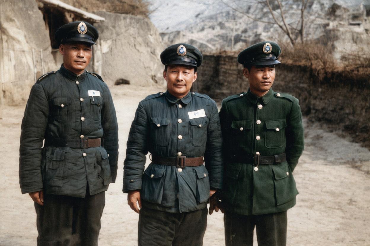 1947年3-8月，延安中共边区银行窑洞前，中间是国民党第一战区司令长官、西北王