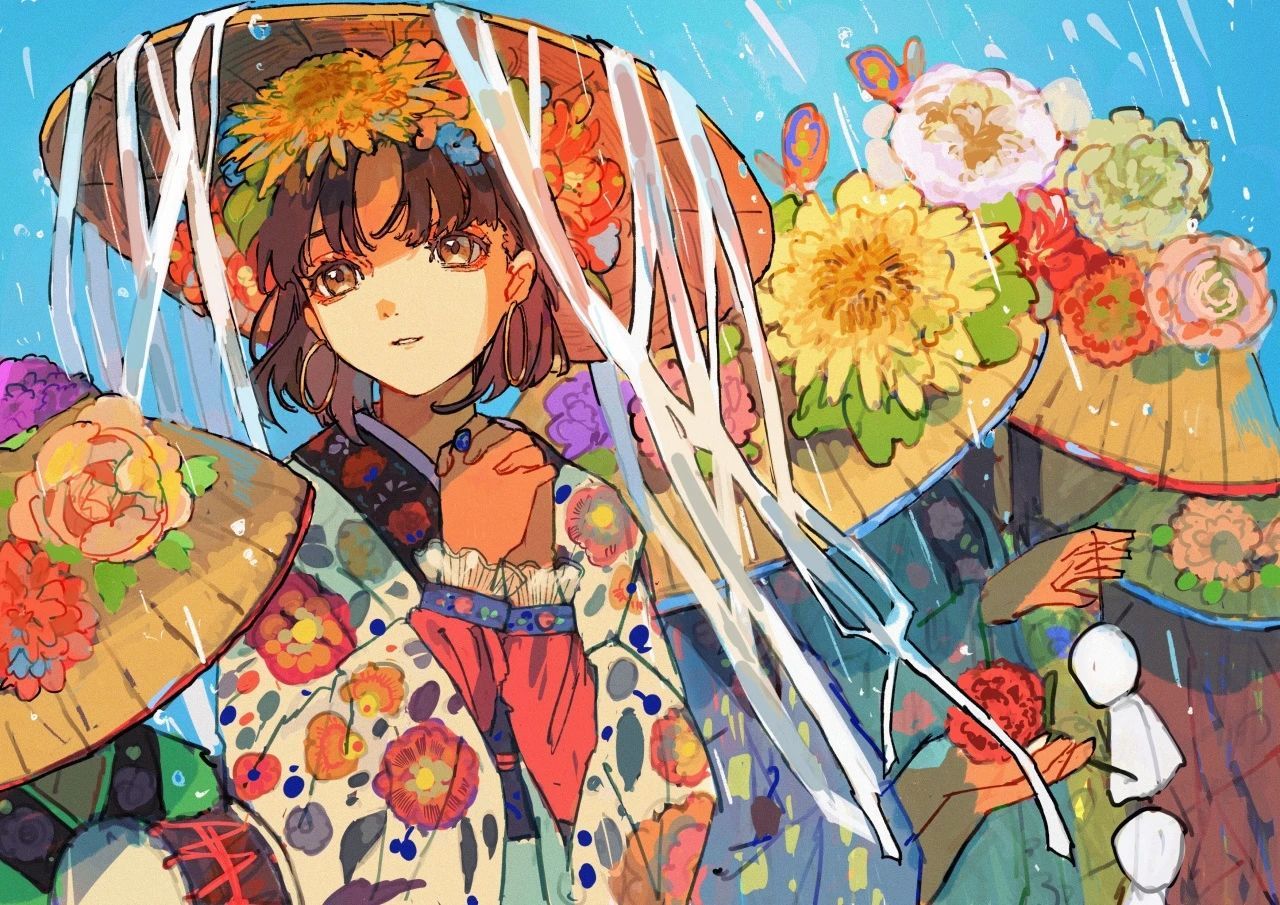 动漫动漫壁纸一组水彩风格色彩丰富，带有奇幻色彩的少女插画三只松鼠在漫展