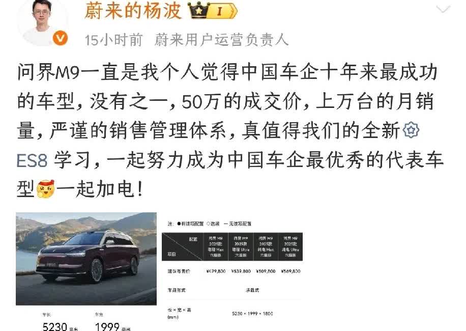 蔚来的高管杨波说问界M9是中国车企十年来最成功的车型，没有之一。50万的成交