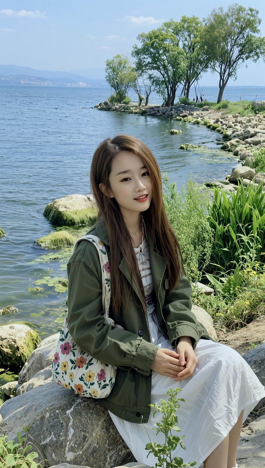 AI湖畔森系照随拍气质穿搭美女